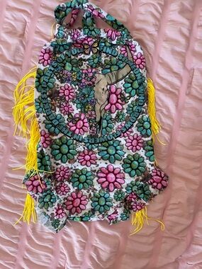 Floral Cow Skull Fringe Halter Top in Pink & Teal no labels or tags